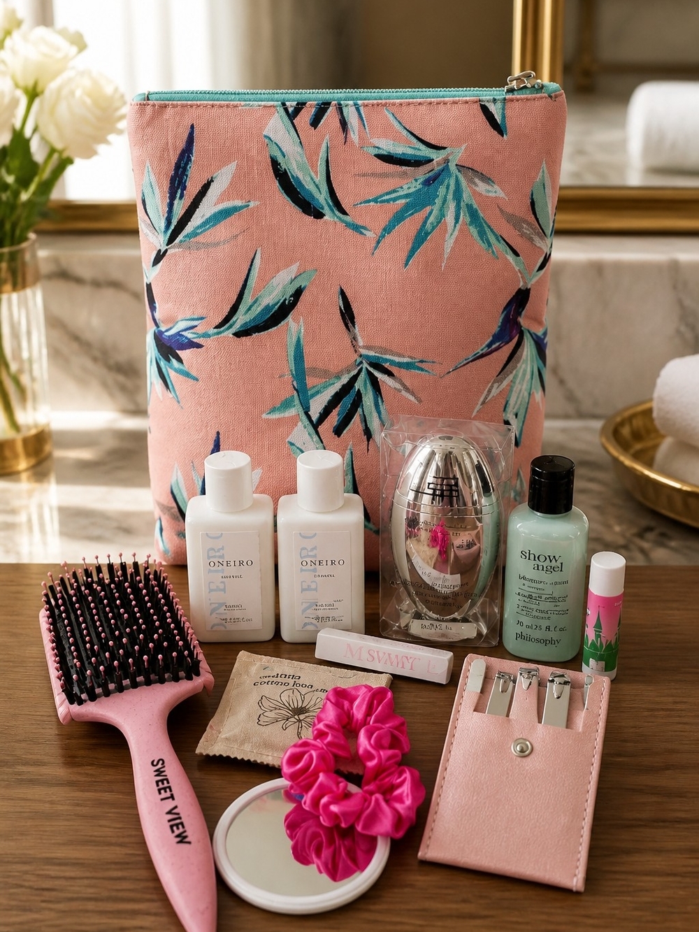 Pink Floral Cosmetic Bag with Bath & Body Essentials